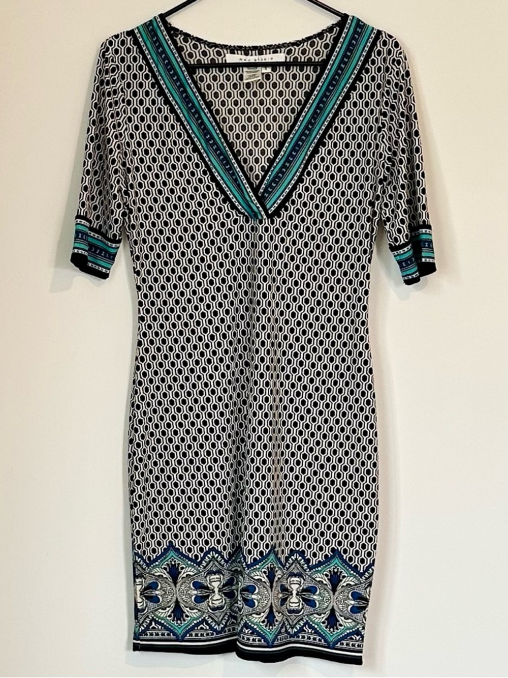 Max Studio Black, White and Teal Geo-Print Dress - Size: Small